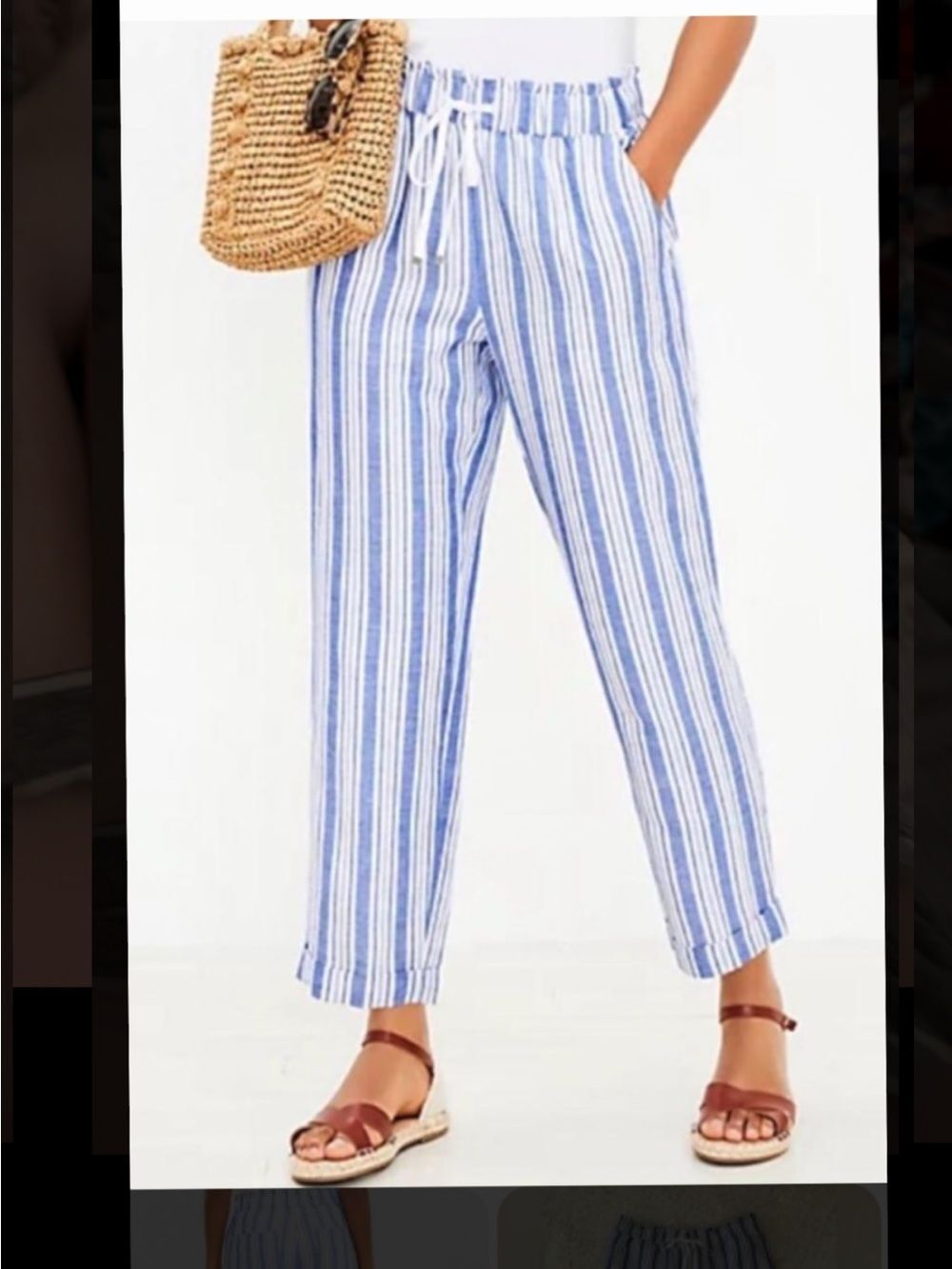 NWOT LOFT Blue & White Striped Linen Drawstring Pants w/Pockets